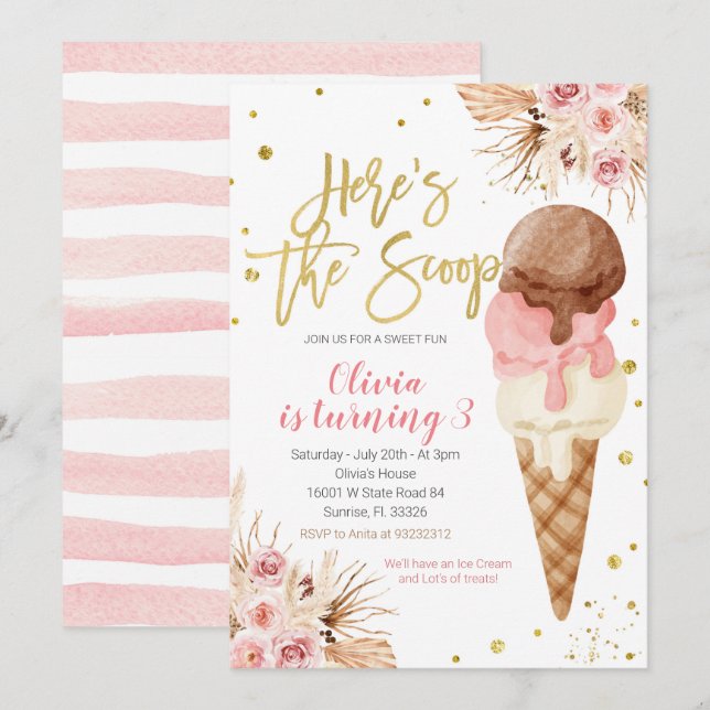 Bohemian Here's the scoop Ice Cream Birthday Invitation (Front/Back)