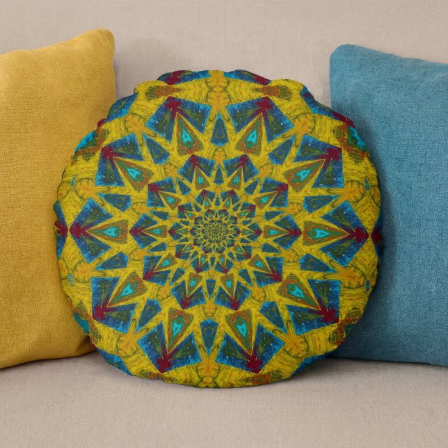   Bohemian Hippie Blue Yellow Floral Ethnic Tribal Round Cushion (Creator Uploaded)