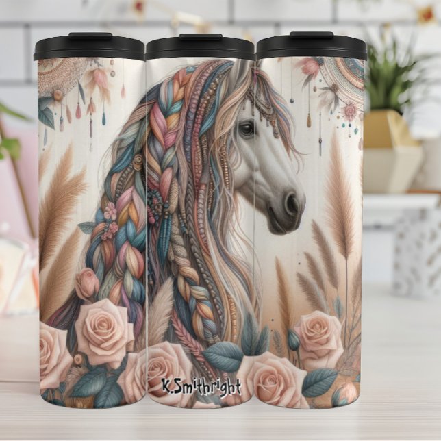 Bohemian Horse with Braided Mane Floral Adornments Thermal Tumbler (Creator Uploaded)
