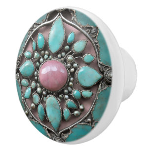 Bohemian Jewel Art in Pink, Aqua, and Silver Ceramic Knob