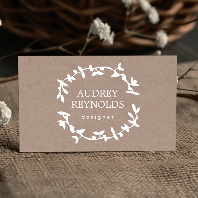 BOHEMIAN LEAF WREATH LOGO Tan Kraft Paper Effect Business Card (Creator Uploaded)