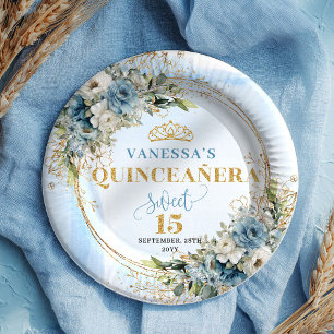 Bohemian Light Blue Floral Greenery Gold Glitter Paper Plate