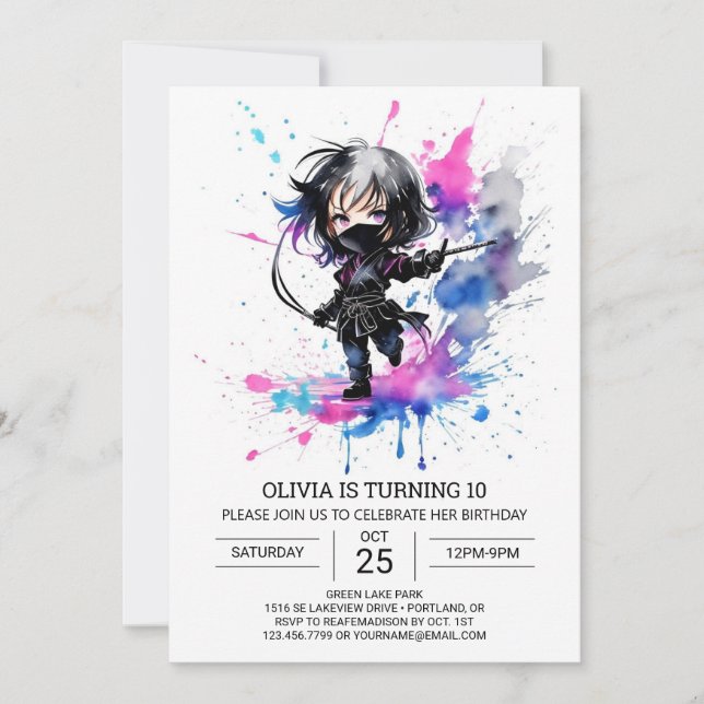 Bohemian Little Ninja Girl Birthday  Invitation (Front)
