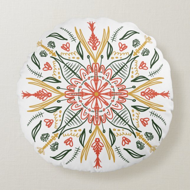 Bohemian Mandala Colourful Botanical Greenery Round Cushion (Front)