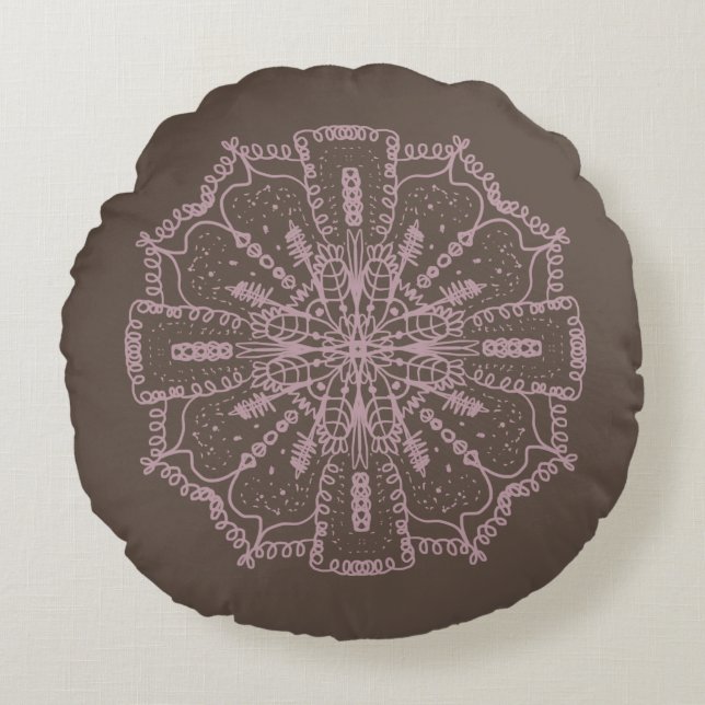 Bohemian Mandala Hand Drawn Brown and Blush Pink Round Cushion (Front)