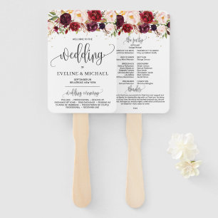 Bohemian marsala floral blush pink wedding program hand fan