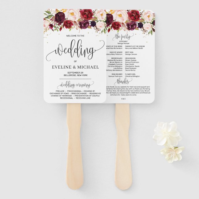 Bohemian marsala floral blush pink wedding program hand fan (Front and Back)