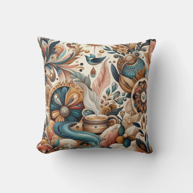 Bohemian mix of teal, magenta,purple flowers cushion (Front)