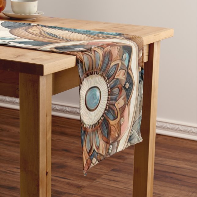 Bohemian mix of teal, magenta,purple flowers short table runner (In Situ)