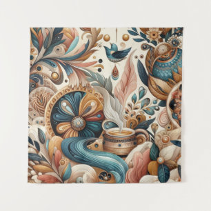 Bohemian mix of teal, magenta,purple flowers tapestry