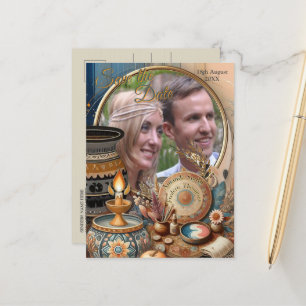 Bohemian mix of teal, magenta, purple on creams announcement postcard