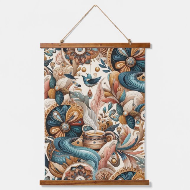 Bohemian mix of teal, magenta, purple on creams hanging tapestry (Front)