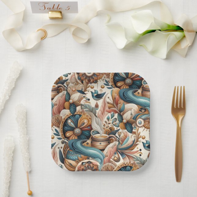 Bohemian mix of teal, magenta, purple on creams paper plate (Wedding)