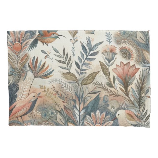 Bohemian mix of teal, magenta, purple on creams pillowcase (Front)