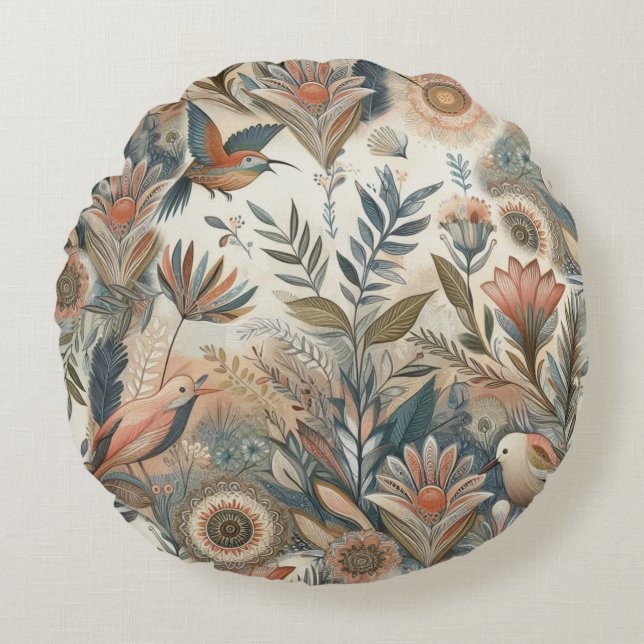 Bohemian mix of teal, magenta, purple on creams round cushion (Front)