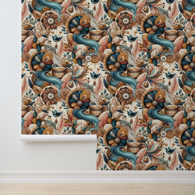 Bohemian mix of teal, magenta, purple on creams wallpaper (Application)