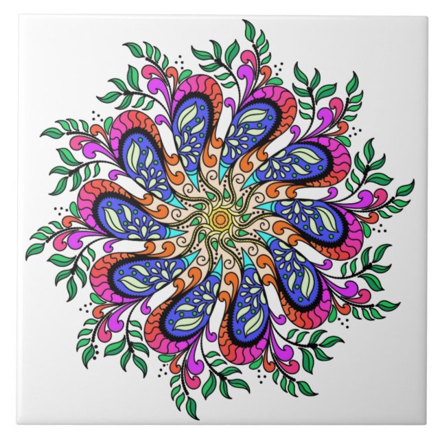 Bohemian Mod Floral Mandala Ceramic Tile (Front)