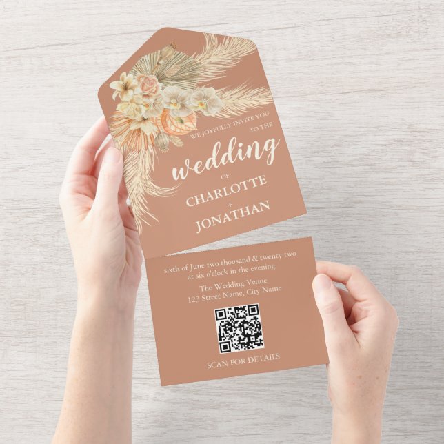 Bohemian Modern Terracotta Wedding All In One Invi Invitation (Tearaway)
