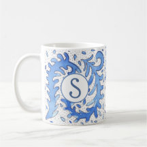 Bohemian Monogrammed Blue & White Personalised Mug