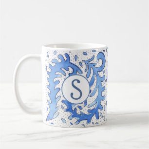 Bohemian Monogrammed Blue & White Personalised Mug