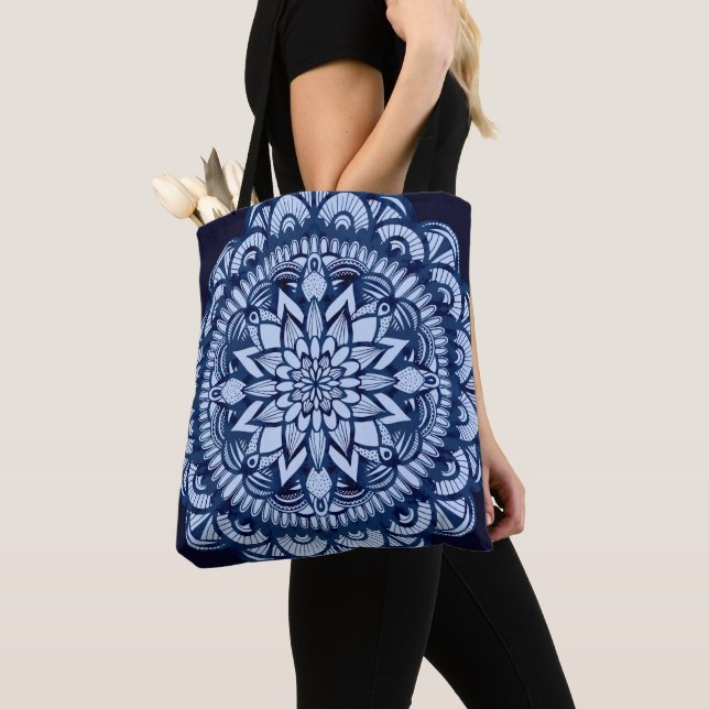 Bohemian Navy Blue Tie Dye Mandala Tote Bag (Close Up)
