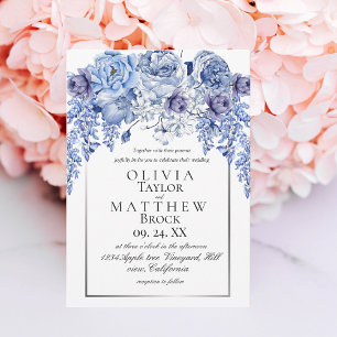 Bohemian Navy Elegant Floral Classic Wedding Invitation