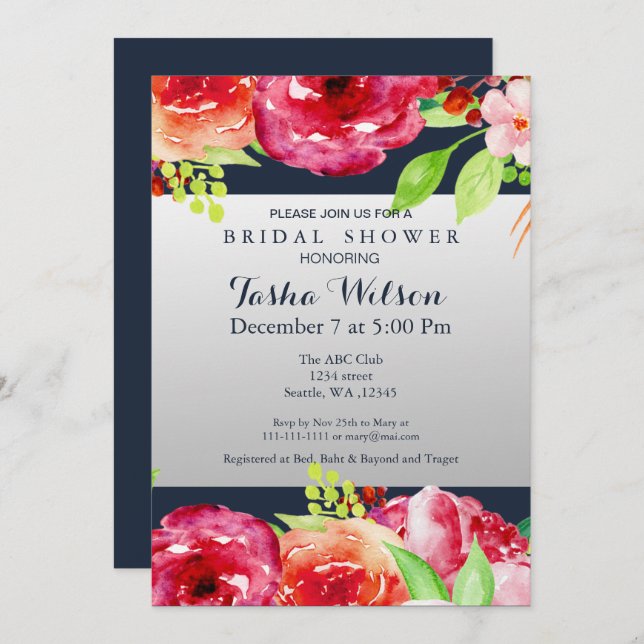 bohemian navy silver floral modern Shower Invite (Front/Back)
