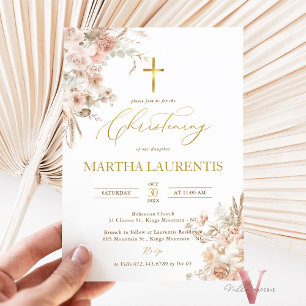 Bohemian Neutral Pampas Grass Baptism Christening Invitation
