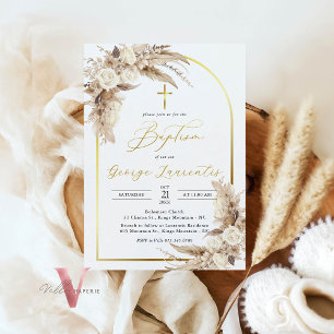 Bohemian Neutral Pampas Grass Baptism Christening  Invitation