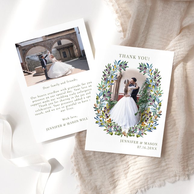 Bohemian olive tree branches wreath Wedding Photo Thank You Card (Creator Uploaded)