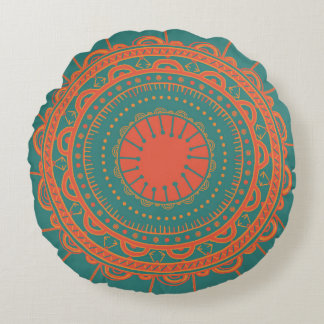 Bohemian Orange and Teal Round Pillow