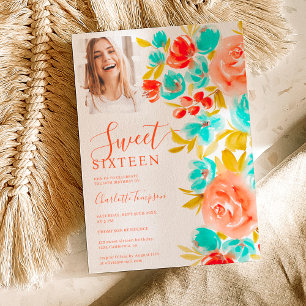 Bohemian orange blue floral photo chic sweet 16 invitation