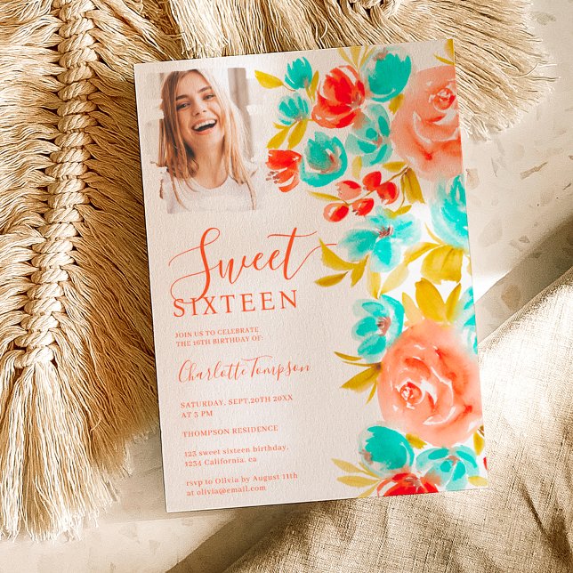 Bohemian orange blue floral photo chic sweet 16 invitation (Bohemian orange blue floral photo chic sweet 16 invitation)