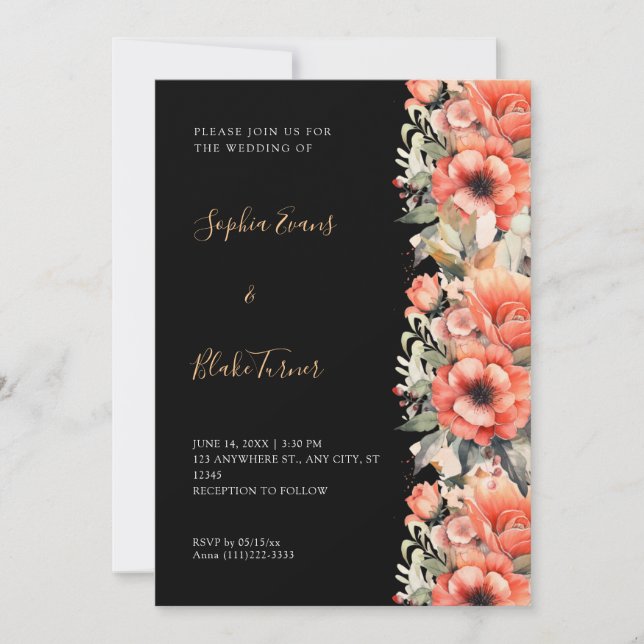 Bohemian Orange Floral Fall Black Wedding Invitation (Front)
