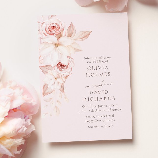Bohemian Pale Pink Roses Wedding Invitation (Bohemian Pale Pink Roses Wedding Invitation on a table with pink roses.)