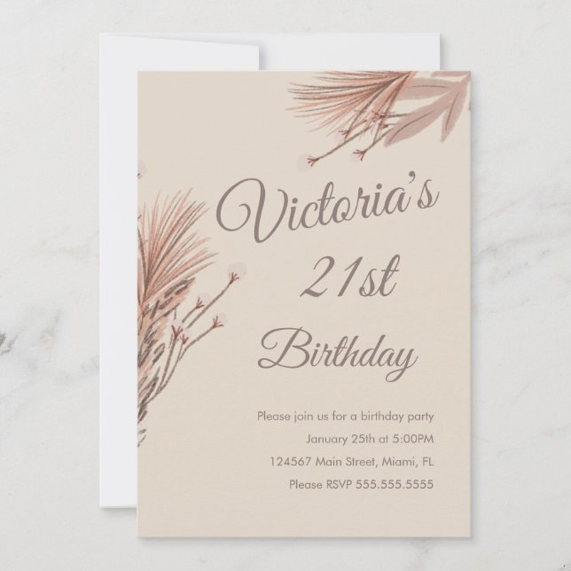 Bohemian Pampas 21st Birthday Party Earthy Invitation (Front)