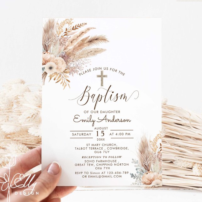 Bohemian Pampas Grass Baptism Christening  Invitation (Creator Uploaded)