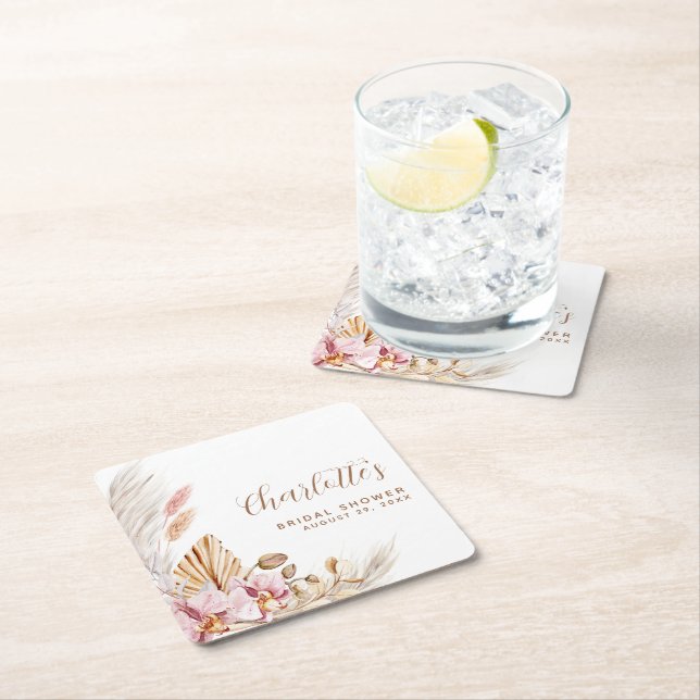Bohemian Pampas Grass Blush Pink | Bridal Shower Square Paper Coaster (Insitu)
