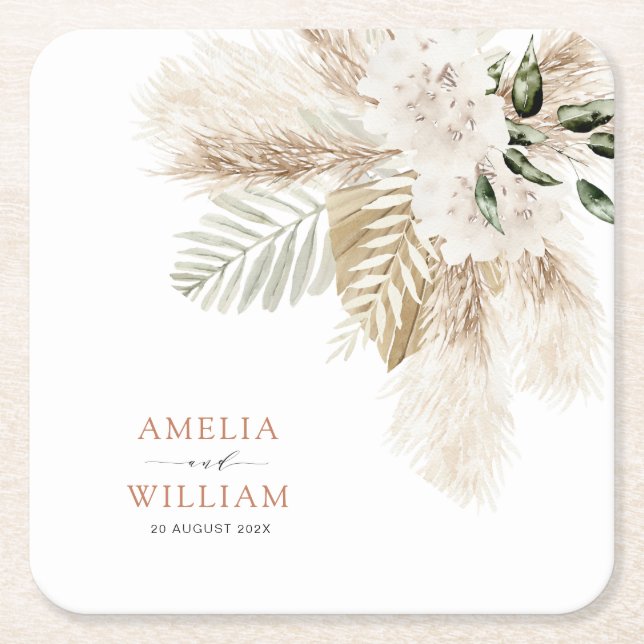 bohemian pampas grass greenery wedding square paper coaster (Front)