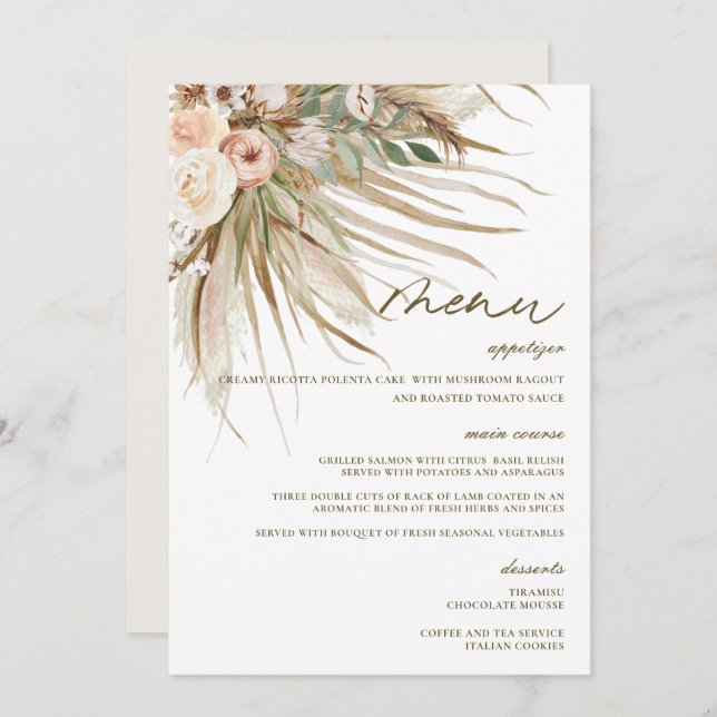 Bohemian Pampas Grass Wedding Bridal Shower Menu (Front/Back)