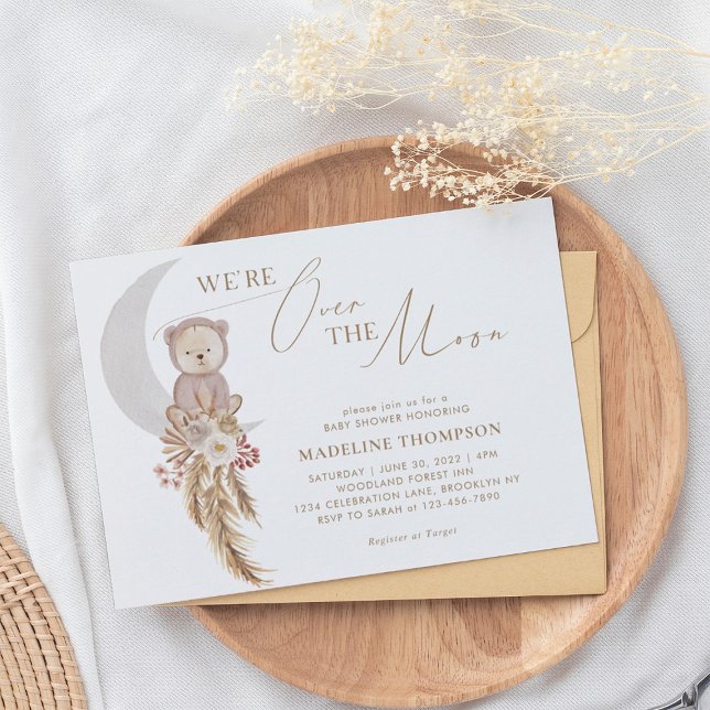 Bohemian Pampas Over the Moon Bear Baby Shower Invitation (Creator Uploaded)