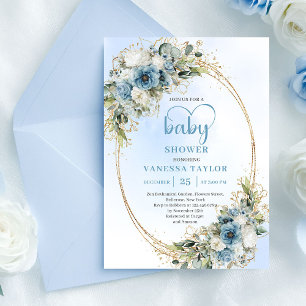 Bohemian Pastel Blue Floral Greenery Baby Shower  Invitation