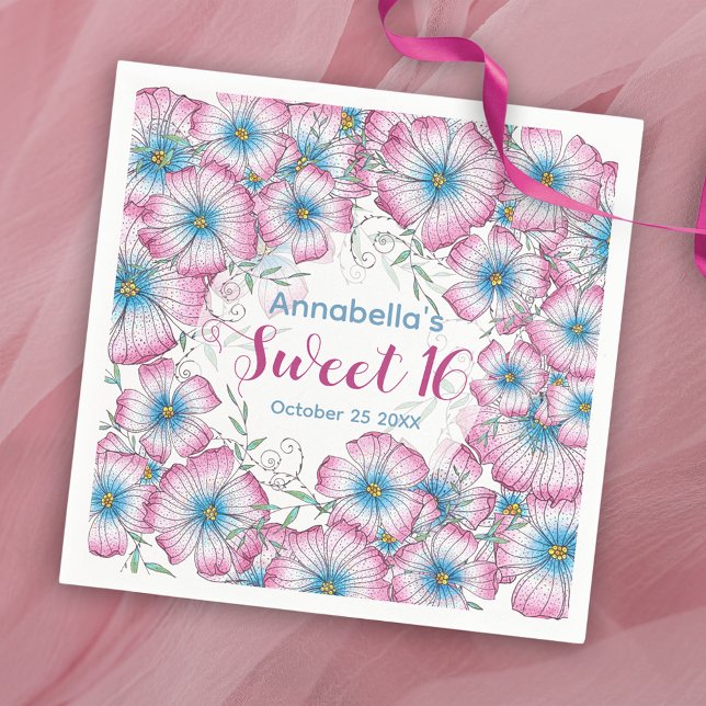 Bohemian Pastel Floral Pink Blue Sweet 16 Napkin (Creator Uploaded)