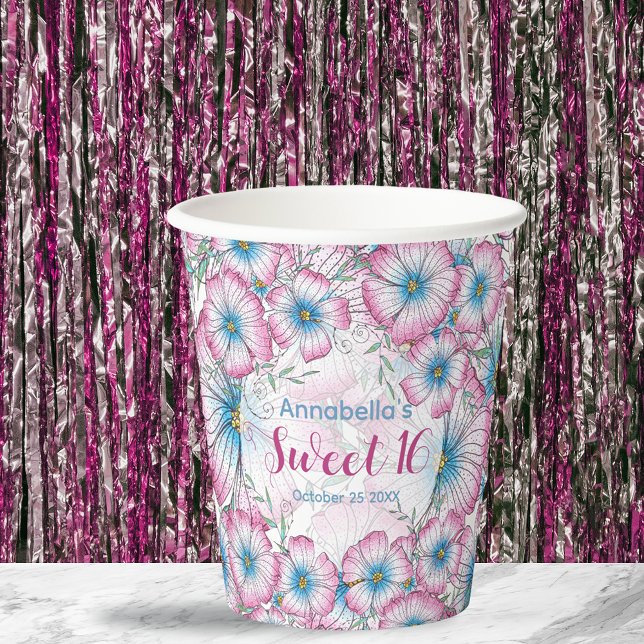 Bohemian Pastel Floral Pink Blue Sweet 16 Paper Cups (Creator Uploaded)