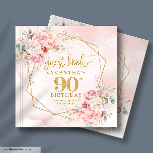 Bohemian Pastel Pink Gold Glitter Peonies 90th Guest Book (Bohemian Pastel Pink Gold Glitter Peonies 90th Guest Book )