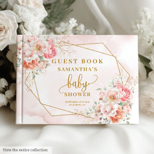 Bohemian pastel pink sage floral gold baby shower guest book