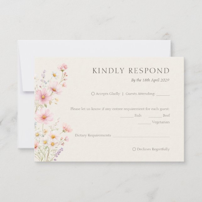 Bohemian Pastel Pink Wildflowers Wedding  RSVP Card (Front)