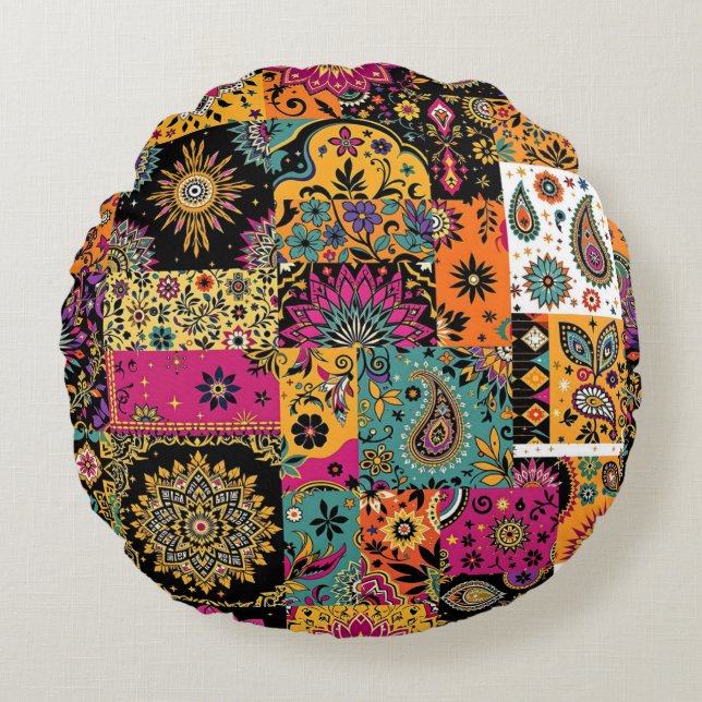 Bohemian Patchwork Mandala and Paisley Pattern Round Cushion (Front)