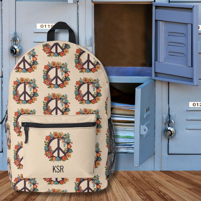 Bohemian Peace and Flowers Monogram Printed Backpack (Creator Uploaded)