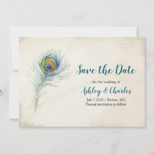 Bohemian Peacock Feather Elegant Teal Wedding Save The Date